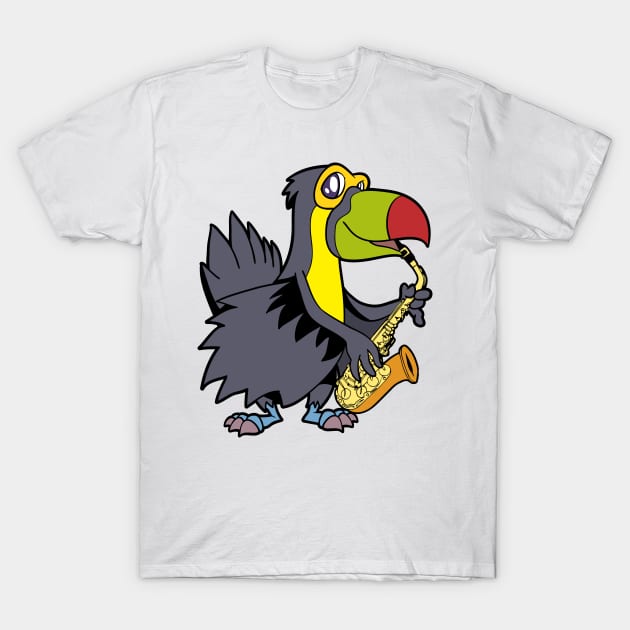 Comic toucan playing saxophone T-Shirt by Modern Medieval Design